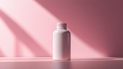 Wall Mural - A minimalist pink bottle on a matching background, suggesting beauty or skincare product.