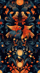 Wall Mural - The image features a vibrant and intricate pattern with a central bird surrounded by elaborate floral designs