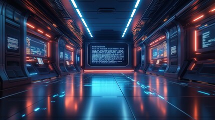 Leinwandbilder - Futuristic virtual studio background. Modern tech studio setting for live events news broadcasts. High-tech screens display data. Elegant, shiny design. Ideal for presentations, interviews product