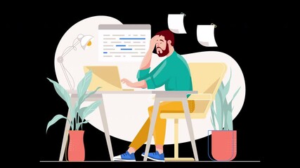 Poster - A stressed European man working at a desk with a laptop, plants around him, showcasing a typical home office environment.
