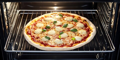 Wall Mural - Delicious mozzarella pizza baking in oven. (1)