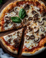 Wall Mural - Delicious mushroom and sausage pizza on wooden board, one slice removed.