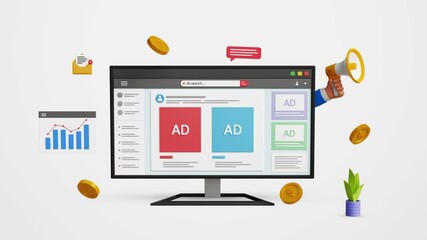 Digital marketing, digital advertising, ad campaign. PPC online marketing, promotion, customer engagement, traffic research, targeted ads. Social media advertising on computer. 4K 3D animation