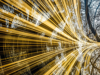 Poster - abstract gold light streaks converge, overlaid on a textured background resembling a world map. perf