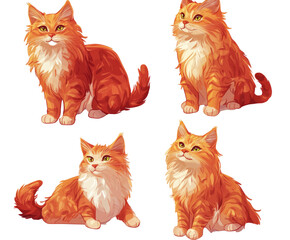 Four Adorable Orange Fluffy Cats Illustration , isolated on white background PNG