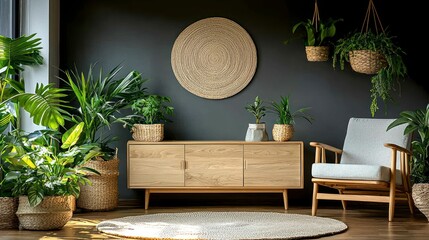 Wall Mural - Interior with green potted plants.