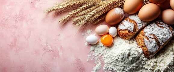 Wall Mural - Baking ingredients flour, eggs, bread, wheat.