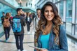 © kornc - A woman with long hair is smiling and holding a tablet