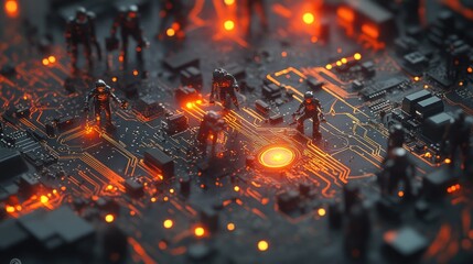 Wall Mural - A futuristic scene depicting miniature figures on a glowing circuit board.