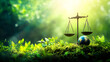© Harry - Global Sustainability: Earth Globe Balanced on Scales in Lush Green Nature, Environmental Conservation, Eco-Friendly Concept, Sustainable Development