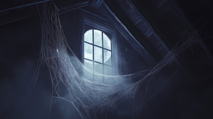 Wall Mural - Spider web in the attic for halloween concept with copy space. Moonshard. Illustration