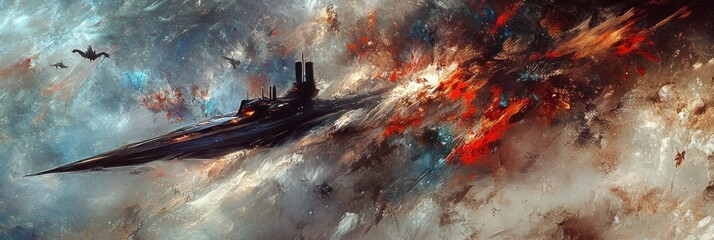 Sticker - Spaceship battle, nebula background, cosmic flight, artwork