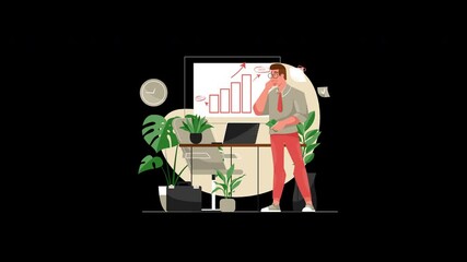 Poster - A businessman, with light skin, analyzing graphs in a modern workspace surrounded by plants.