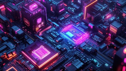 Poster - An abstract representation of a futuristic city skyline filled with intricate circuitry, illuminated by vibrant neon colors. The design showcases advanced technology with a high-tech aesthetic