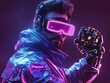 © sponge_Po - Futuristic individual wearing neon goggles and robotic arm in a vibrant setting