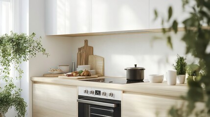 Poster - Modern kitchen interior with sunlight, wooden countertops, plants, and cooking utensils.