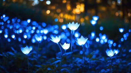 Poster - Illuminated blue flowers glowing at night in a garden.