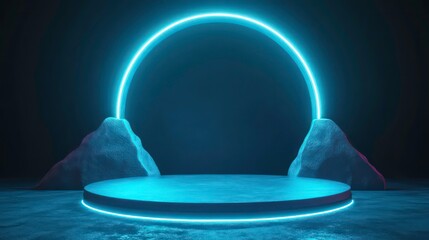 Poster - Glowing neon circle backdrop with a round platform between two rocks.