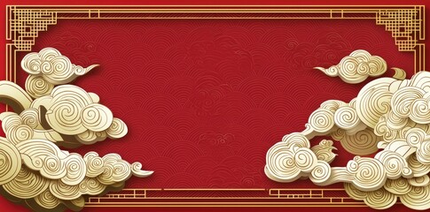 Wall Mural - chinese-style background with a red auspicious cloud pattern border and golden edges, featuring a si