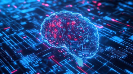 Aufkleber - A 3D rendering of a human brain as a circuit board, symbolizing artificial intelligence and neural networks.