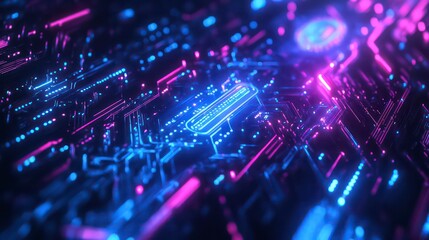 Fototapete - Abstract neon circuit board glowing in blue and pink.