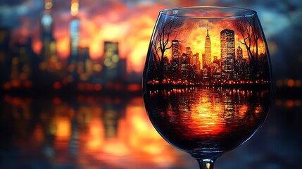 Wall Mural - Cityscape reflected in a wine glass at sunset.