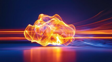 Poster - Abstract fiery cloud-like form with light trails on dark background.