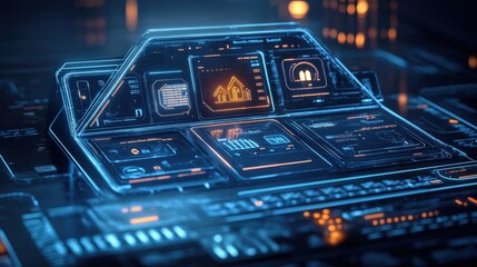Poster - This futuristic holographic interface showcases various modules for managing digital systems, featuring illuminated icons and data displays that enhance user interaction in a high-tech environment