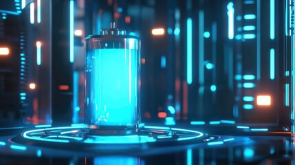 Poster - Futuristic energy battery glowing bright blue in a high-tech environment.