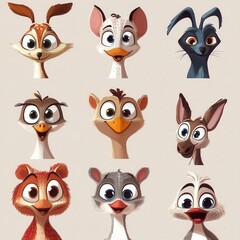 Wall Mural - Nine Adorable Animated Animal Character Portraits