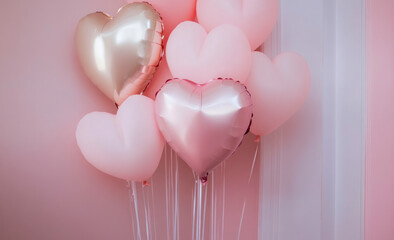 Canvas Print - Romantic heart-shaped balloons in soft pink and rose gold hues, creating a festive and celebratory atmosphere.