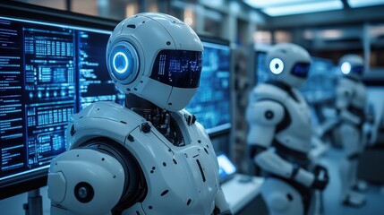 Poster - In a high-tech robotics lab, humanoid robots stand in front of multiple display screens filled with data and coding. Engineers observe and interact with these advanced machines