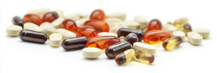 Leinwandbilder - Colorful assortment of pills and capsules displayed on a white background in various shapes and sizes for health and wellness. Generative AI