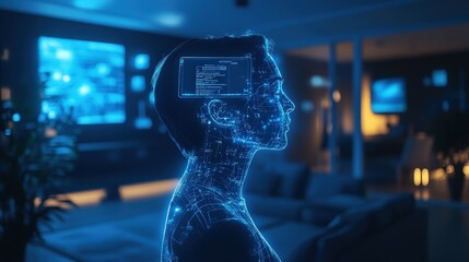 Poster - A glowing humanoid personal assistant stands quietly in a stylish living room, interacting with unseen users