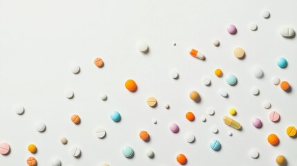 Leinwandbilder - Colorful assortment of pills and capsules arranged on a plain surface in a well lit setting. Generative AI
