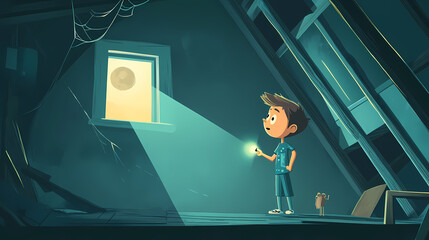 Wall Mural - Cartoon modern illustration of boy in pajamas exploring abandoned house attic at night with flashlight in mansard room with holes and spider web on roof. Moonshard. Illustration