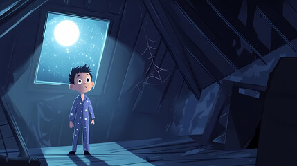 Wall Mural - Cartoon modern illustration of boy in pajamas exploring abandoned house attic at night with flashlight in mansard room with holes and spider web on roof. Moonshard. Illustration