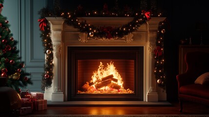 Wall Mural - fireplace with burning candles, christmas tree, christmas lights