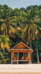 Wall Mural - Palm trees surround a cozy beach hut in a tropical paradise at sunset