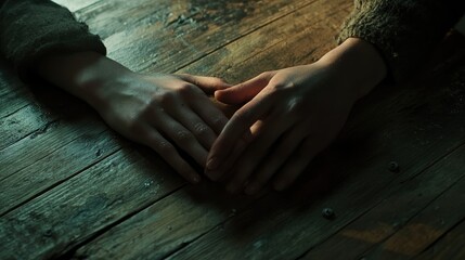 A close-up of two hands intertwined, resting on a wooden table with soft light