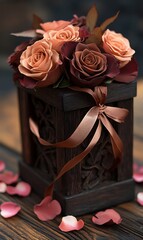 Elegant dark wooden box with peach and brown roses, tied with a brown ribbon, on a wooden surface.