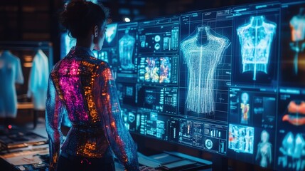 Poster - In a high-tech setting, a designer engages with advanced digital screens displaying virtual clothing designs. Colorful holographic projections illustrate cutting-edge fashion concepts and trends