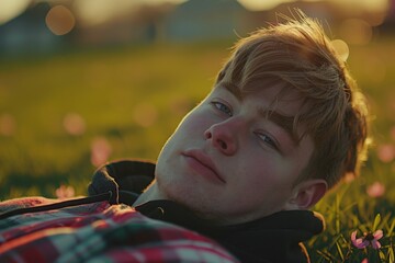 Wall Mural - A young man is laying on the grass with his head tilted to the side