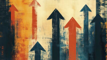 Poster - Abstract art of upward trending arrows in orange, red, and black hues on a textured background.
