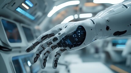 Poster - An advanced robotic hand showcases its intricate design and capabilities within a high-tech setting. It performs delicate tasks, highlighting the fusion of technology and precision in robotics