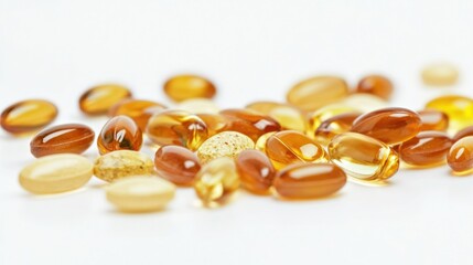 Fototapete - Colorful assortment of pills and capsules scattered on a white surface showcasing various shapes and sizes for health. Generative AI
