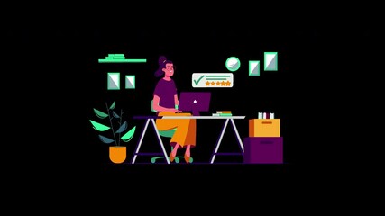 Poster - A woman working on a laptop at a desk, illustrated in a modern 2D style.