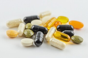 Poster - Colorful assortment of pills and capsules scattered on a light surface showcasing various sizes and shapes. Generative AI