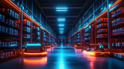 Poster - Autonomous robots navigate an AI-powered warehouse, efficiently transporting goods along illuminated aisles. The setting is modern, filled with organized shelves and vibrant lighting at night