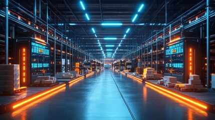 Poster - An advanced warehouse operates with AI technology and autonomous robots navigating the aisles. The facility is brightly lit, showcasing organized shelves and automated systems handling logistics